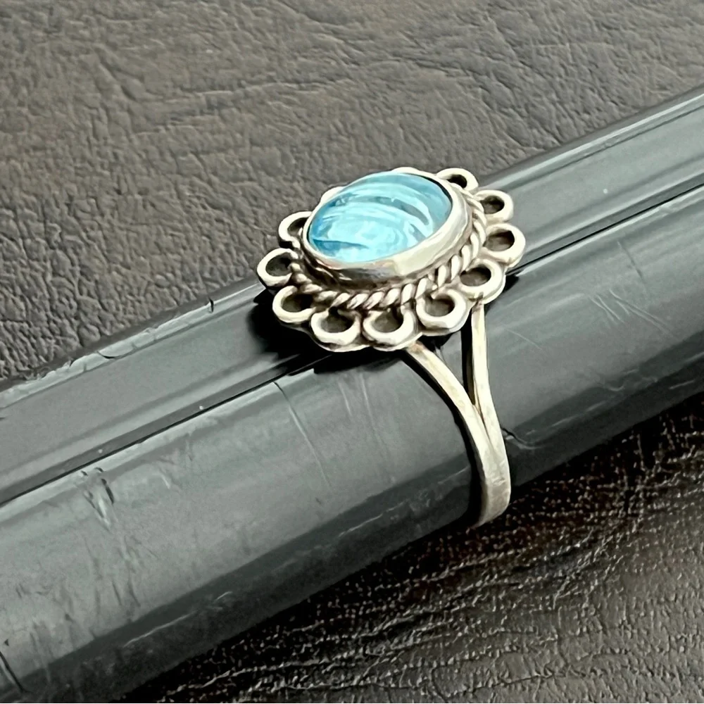 Vintage Taxco Mexico sterling silver carved glass ring Size 5.75